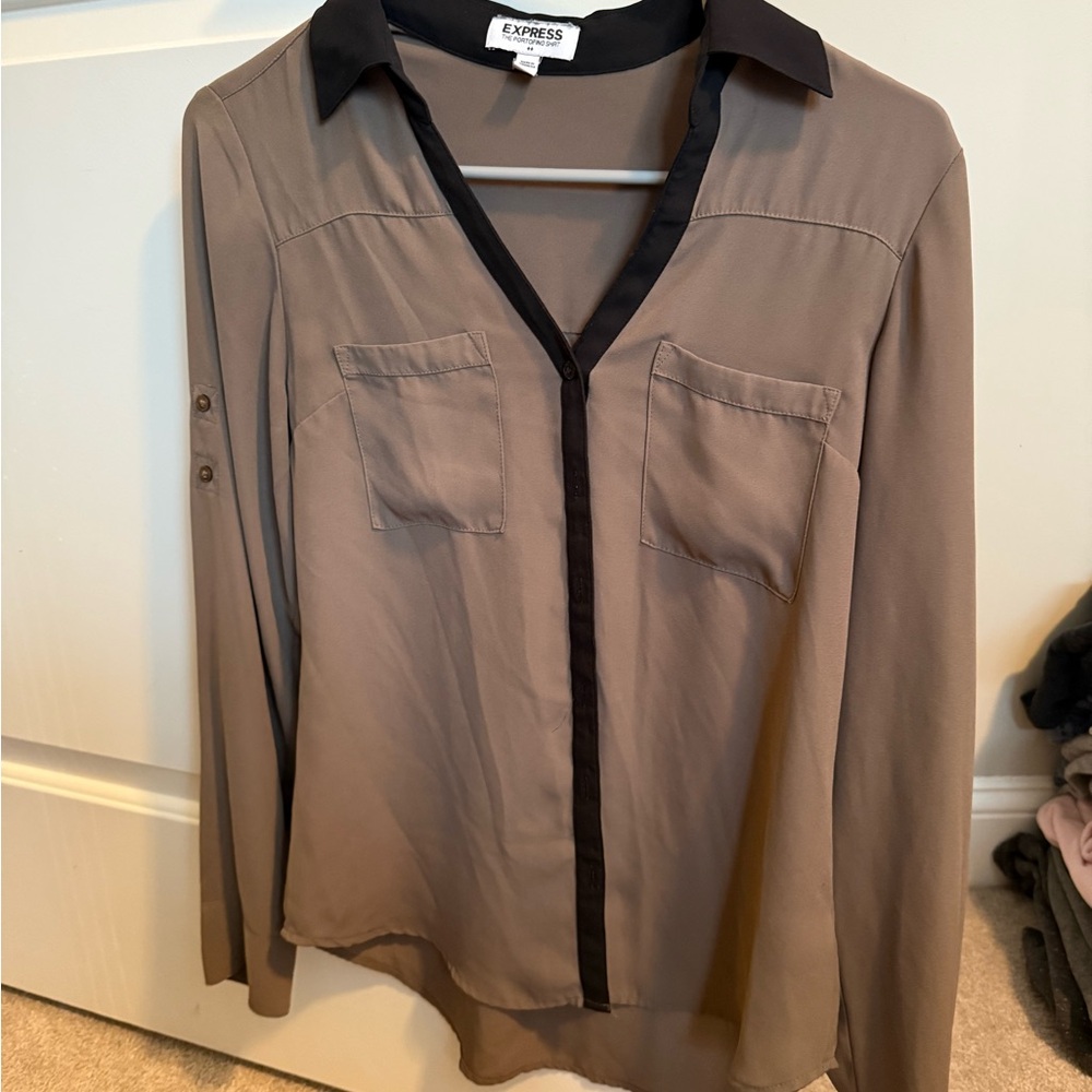 Express Taupe Blouse with Black Trim